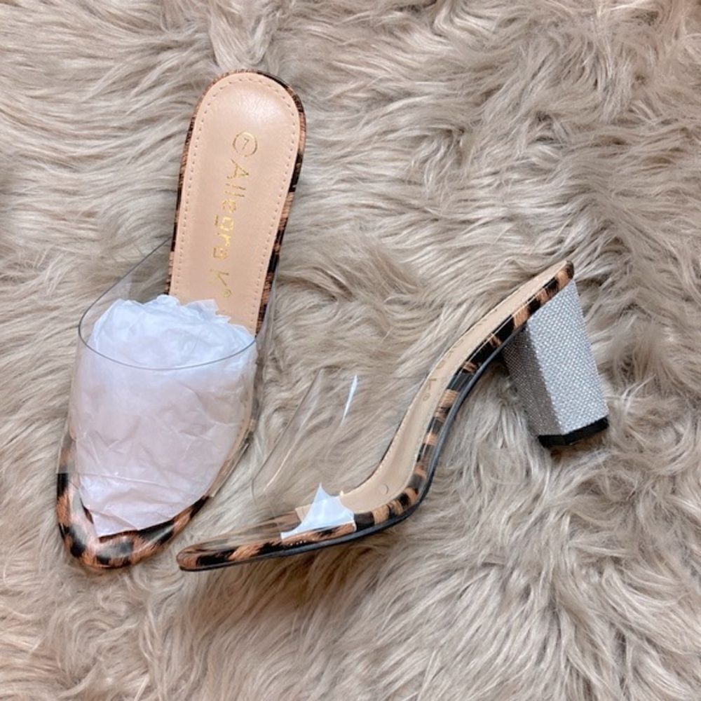 Allegra K Open Toe Clear Glitter Slide Chunky Heel Sandals - Picture 2 of 15